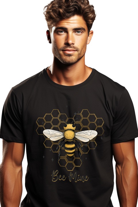 Мъжка тениска с пчела с послание "Bee Mine", моя, моя, звезди, пчелна пита на фона, насекомо, илюстрация с бяла дръжка, Черен