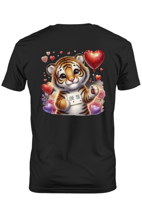 Мъжка тениска с тигърче с послание "Обичам те", много сърца, разноцветни цветя, любов, романтика, чувства, илюстрация с бяла дръжка, Тъмно черно