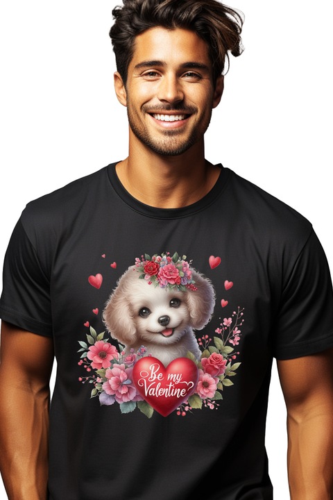 Мъжка тениска със сладко кученце със сърце отпред, което казва "Be my Valentine", сърца, цветя, любов, романтика, илюстрация, Черен