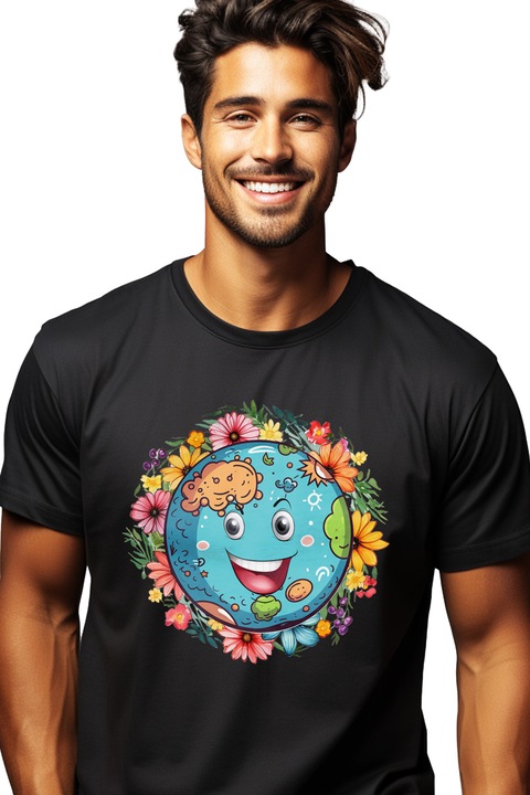 Мъжка тениска с планета, илюстрация, съзнание, различни цветни цветя, веселие, радост, усмивка, облаци с бяла дръжка, Черен