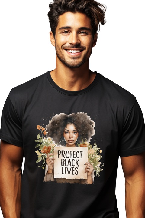 Мъжка тениска с чернокожа жена с послание "Защитете черните животи", черни, животи, защитени, илюстрация, информираност, цветя, сериозност, Черен
