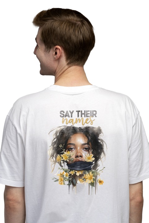 Мъжка тениска с черно лице със завързана уста "Say their names", илюстрация, информираност, кажи им имената, цветя, заплаха, Чисто бяло