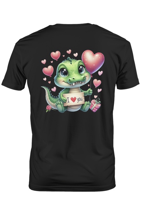 Мъжка тениска с бебе крокодилче с послание "Обичам те", балон във формата на сърце, очарователни, сърца, роза, илюстрация с бяла дръжка, Тъмно черно