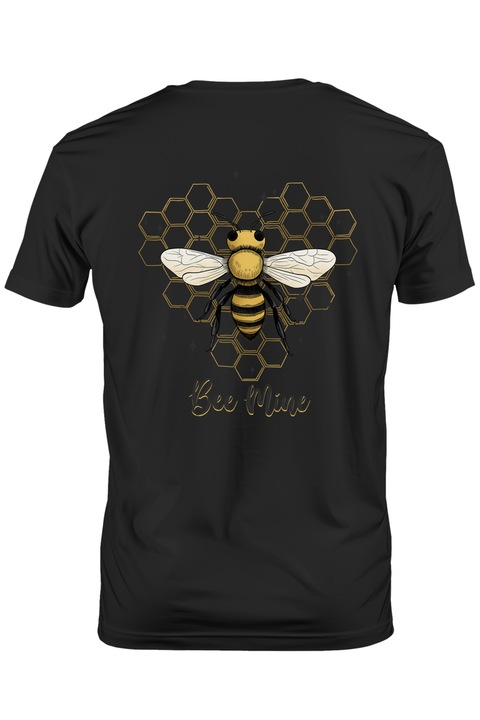 Мъжка тениска с пчела с послание "Bee Mine", моя, моя, звезди, пчелна пита на фона, насекомо, илюстрация с бяла дръжка, Тъмно черно