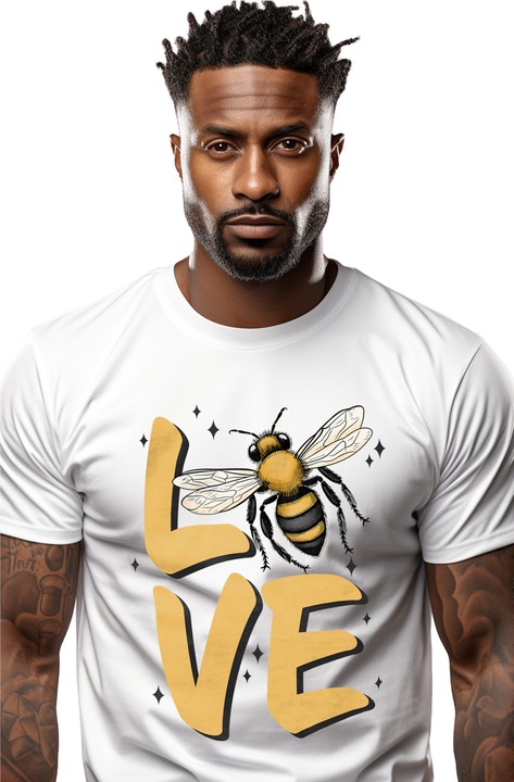 Мъжка тениска с пчела с послание "Love", звезди, илюстрация, love, love, признателност с бяла дръжка, Бял