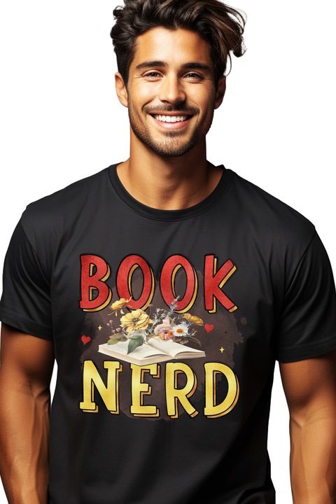 Мъжка тениска с надпис "Book nerd", книга, илюстрация, литература, четиво, nerd, цветя, розов фон, сърца с бяла дръжка, Черен