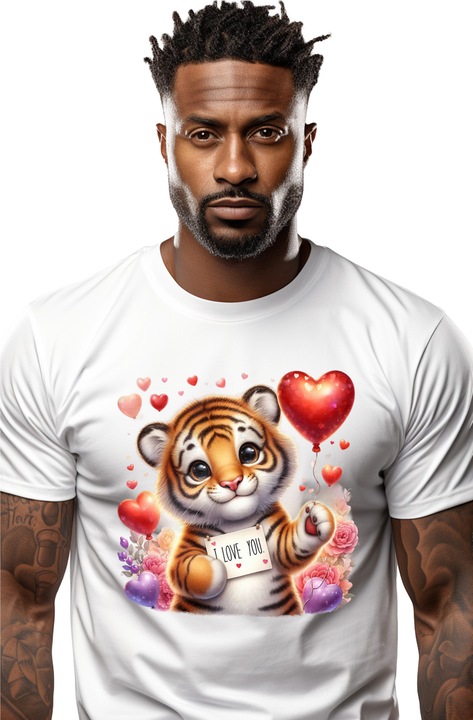 Tricou Barbati cu pui de tigru cu mesajul "I love you", multe inimioare, flori divers colorate, iubire, dragoste, sentimente, ilustratie cu Maner Alb cu imprimeu pe Fata, 100% Bumbac, Alb, XS