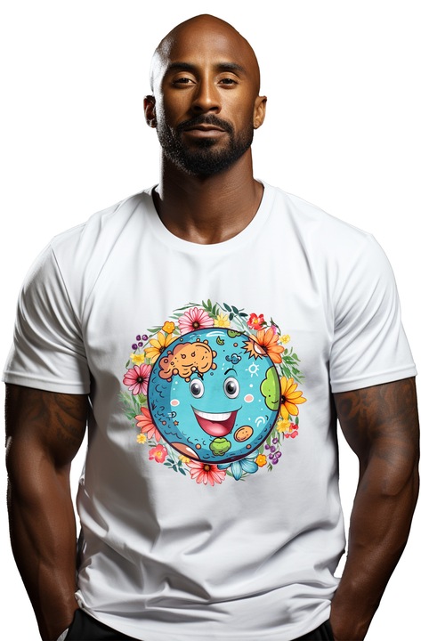 Мъжка тениска с планета, илюстрация, съзнание, различни цветни цветя, веселие, радост, усмивка, облаци с бяла дръжка, Бял