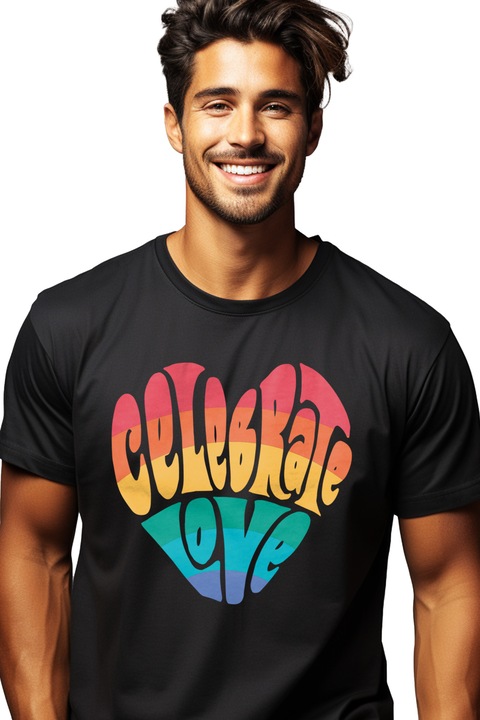 Мъжка тениска Celebrate Love Heart Rainbow LGBTQ с щампа на лицето 100% памук Черен M