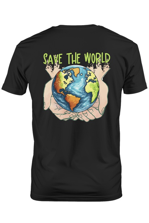 Мъжка тениска с планетата Земя с послание "Save the world", илюстрация, информираност, дръжте в ръцете си, спасете света, грижа с Бяла дръжка, Тъмно черно