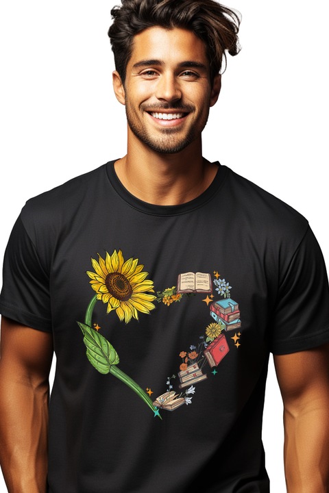 Мъжка тениска с много книги и слънчогледи, образуващи сърце, книга, илюстрация, литература, четиво, растения, природа, въображение, Черен