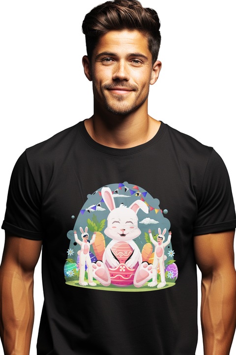 Мъжка тениска със заек, костюм, великден, моркови, яйца,, Черен