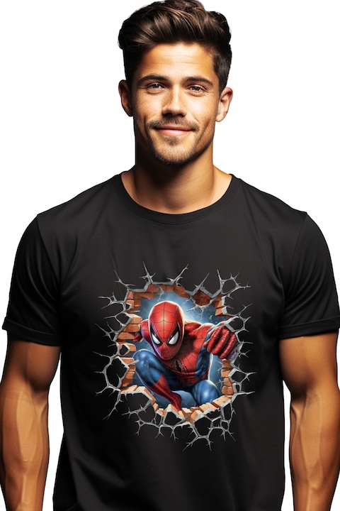 Мъжка тениска със супергерои, Спайдърмен, Марвел, Отмъстители, Стена, Тухла,, Черен