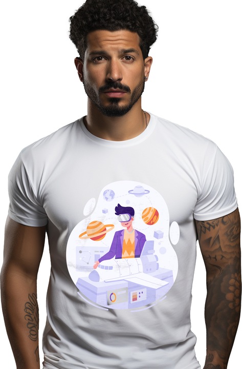 Tricou Barbati Cu Spatiu, Planete, Inginer, Aerospatiale, Cuburi, Nava, cu imprimeu pe Fata, 100% Bumbac, Alb, M