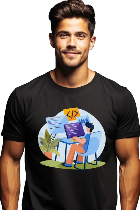 Tricou Barbati Cu Birou, Programare, Cod, Java, Monitor, Tastatura, cu imprimeu pe Fata, 100% Bumbac, Negru, XS