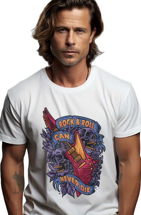 Мъжка тениска с надпис на английски Rock & Roll Can Never Die, китара, музика, черепи, листа,, Бял