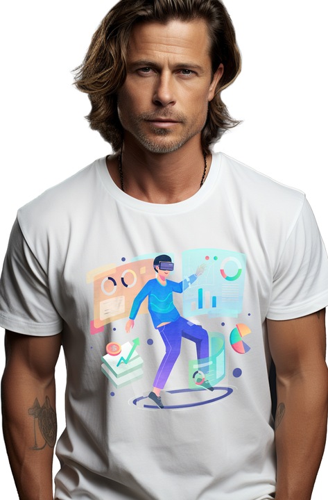 Мъжка тениска с VR очила, валута, пари, финансови, графични, виртуални,, Бял