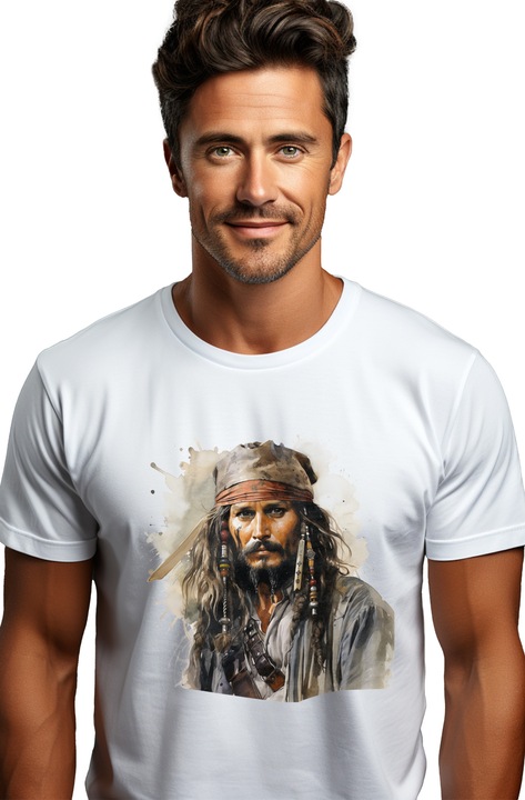 Мъжка тениска Джак Спароу, Карибски пирати, Пират, Шал, Брада, Филми,, Бял