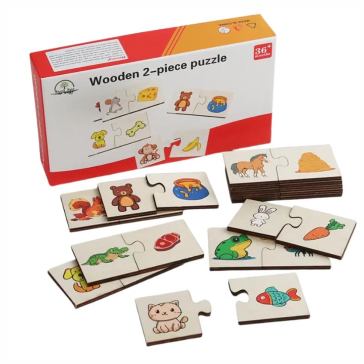 Puzzle educativ de asociere din 2 piese pentru copii, Montessori, 24 piese, lemn, 3+