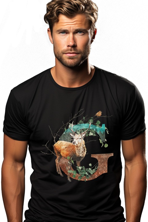 Мъжка тениска с буква, G, елен, птица, клони, листа,, Черен