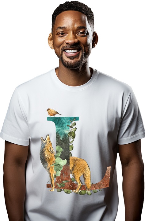 Мъжка тениска с буква, L, вълк, птица, листа,, Бял