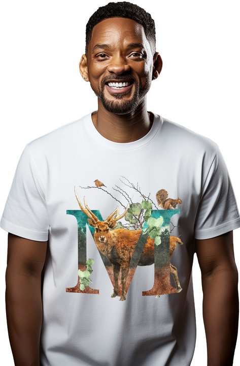 Мъжка тениска с буква, М, елен, катерица,, Бял