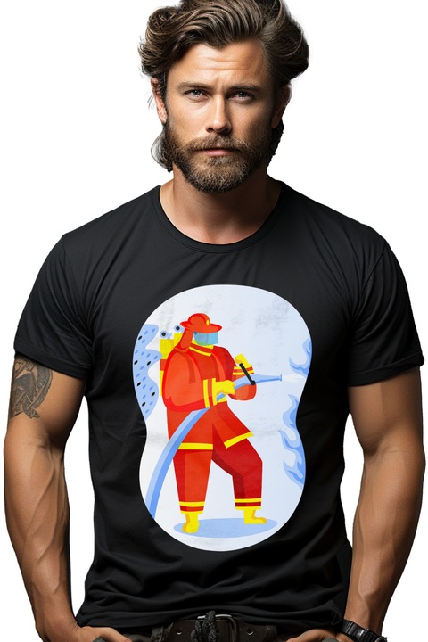 Мъжка тениска с пожарникар, маркуч, костюм,, Черен