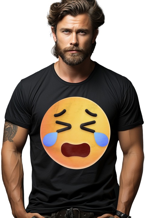 Мъжка тениска с емоджи, емотикон, плач, сълзи, Черен