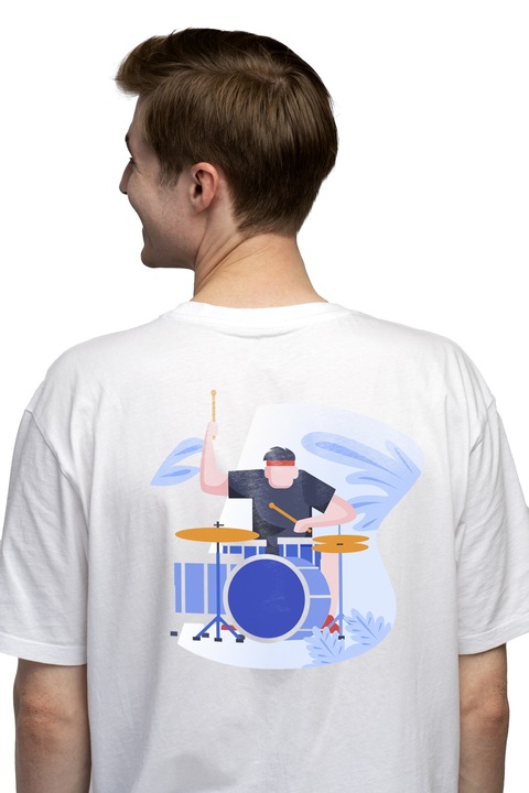 Мъжка тениска с барабанист, барабани, ритми, музика,, Чисто бяло