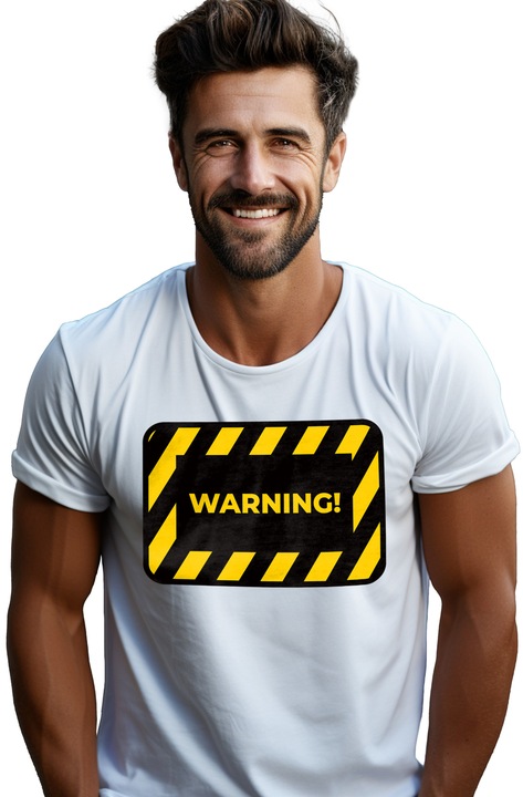 Мъжка тениска с надпис на английски Предупреждение, знак, рамка,, Бял