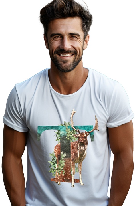 Мъжка тениска с букви, T, елени, листа, Бял