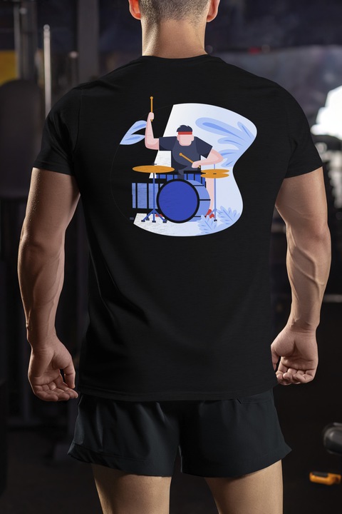 Мъжка тениска с барабанист, барабани, ритми, музика,, Тъмно черно