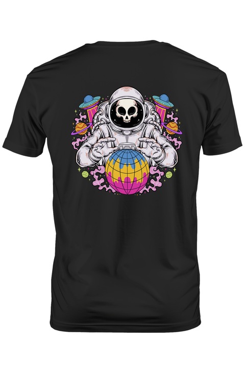 Tricou Barbati Cu Astronaut, Spatiu, Craniu, Nava, cu imprimeu pe Spate, 100% Bumbac, Negru, XL