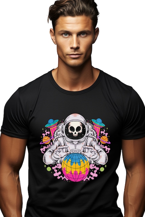 Мъжка тениска с астронавт, космос, череп, кораб,, Черен