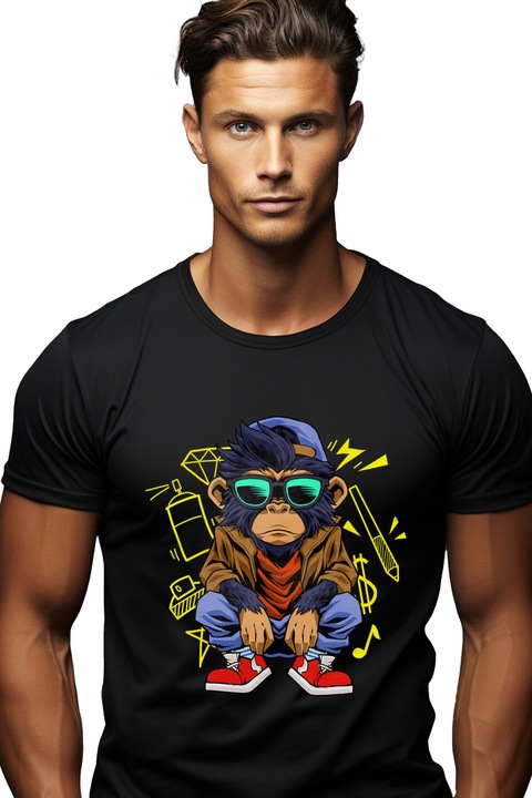 Мъжка тениска с маймунка, шапка, очила, кецове,, Черен