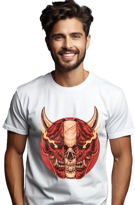 Мъжка тениска, Devil, Skull, Flames, Horns, Circle, Бял