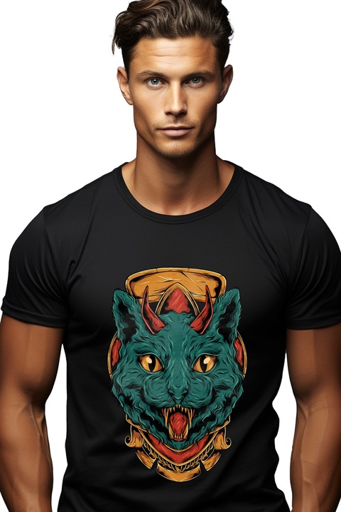 Мъжка тениска с котка, рога, демон, емблема,, Черен