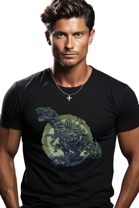Мъжка тениска с динозавър, робот, научна фантастика, T-rex,, Черен