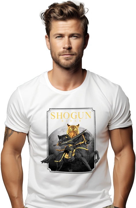Мъжка тениска Shogun Rider, Rider, Tiger, Sword, Armor, Бял