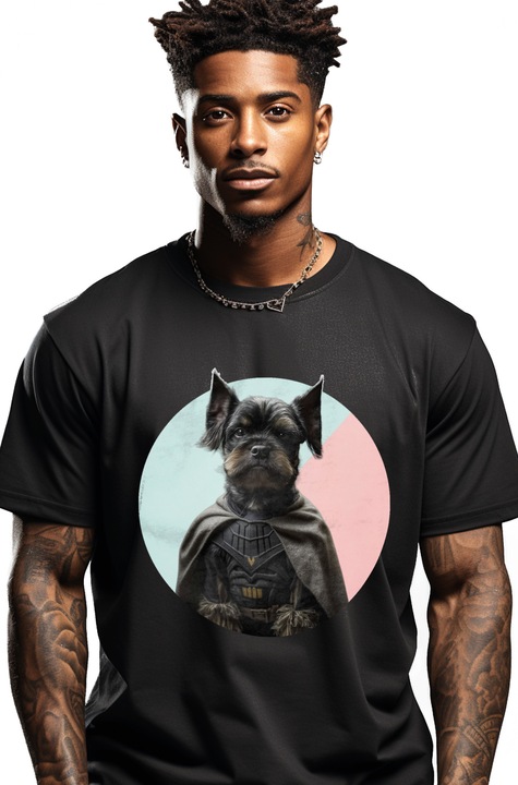 Tricou Barbati cu Portret Caine Star Wars, Caine in Custom Negru cu Pelerina, Caine Dragut, Iubitori de Caini, Iubitori de animale, cu imprimeu pe Fata, 100% Bumbac, Negru, S