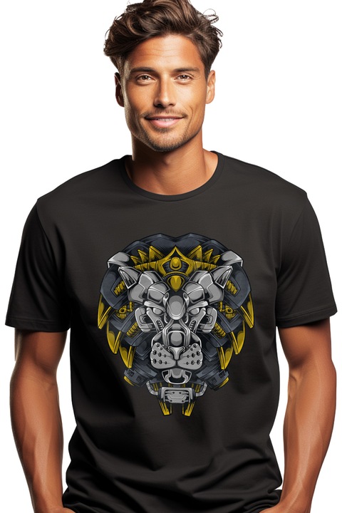 Мъжка тениска с лъв, глава, грива, робот, киберпънк, научна фантастика,, Черен