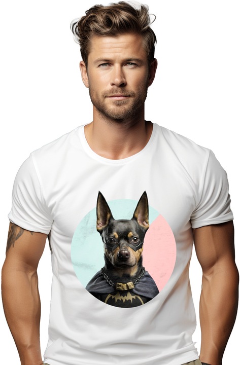 Мъжка тениска с портрет на куче супергерой, персонализирано куче Батман, персонализирано куче с наметало и яка, свирепо куче, Бял