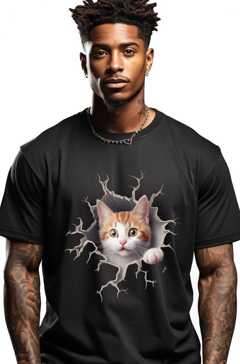 Tricou Barbati Cu Pisica cu Portocaliu si Alb Care iese din Zid, Adorabil, Animale, Iubitorii de Pisici, cu imprimeu pe Fata, 100% Bumbac, Negru, M