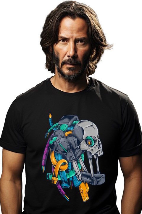 Tricou Barbati Cu Extraterestru, Robot, Android, Cabluri, SF, Craniu, cu imprimeu pe Fata, 100% Bumbac, Negru, XS