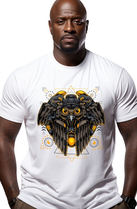 Мъжка тениска с бухал, крила, Mecha, Cyberpunk, SciFi, Geometric,, Бял