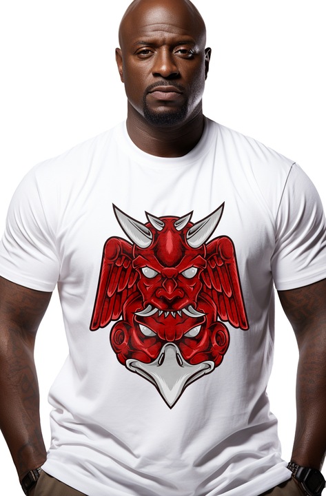 Tricou Barbati Cu Totem, Diavol, Pasare, Monstru, Aripi, Coarne, cu imprimeu pe Fata, 100% Bumbac, Alb, XS