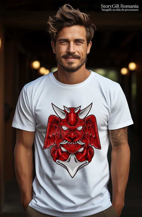 Tricou Barbati Cu Totem, Diavol, Pasare, Monstru, Aripi, Coarne, cu imprimeu pe Fata, 100% Bumbac, Alb, XS