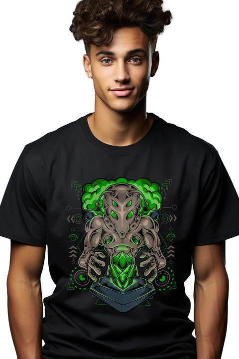 Мъжка тениска с извънземно, геометрична, дим, научна фантастика, кристал, пиедестал,, Черен
