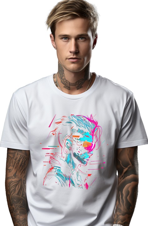 Tricou Barbati Cu Cyberpunk, Glitch, Ochelari, Robot, SF, Jacheta, cu imprimeu pe Fata, 100% Bumbac, Alb, M