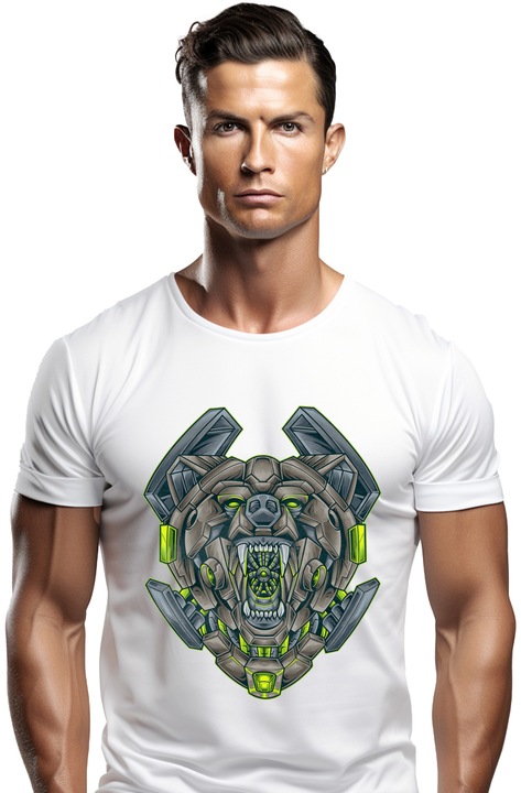 Мъжка тениска, Bear Head, Mecha, Robot, Sci FI, Cyberpunk, Бял